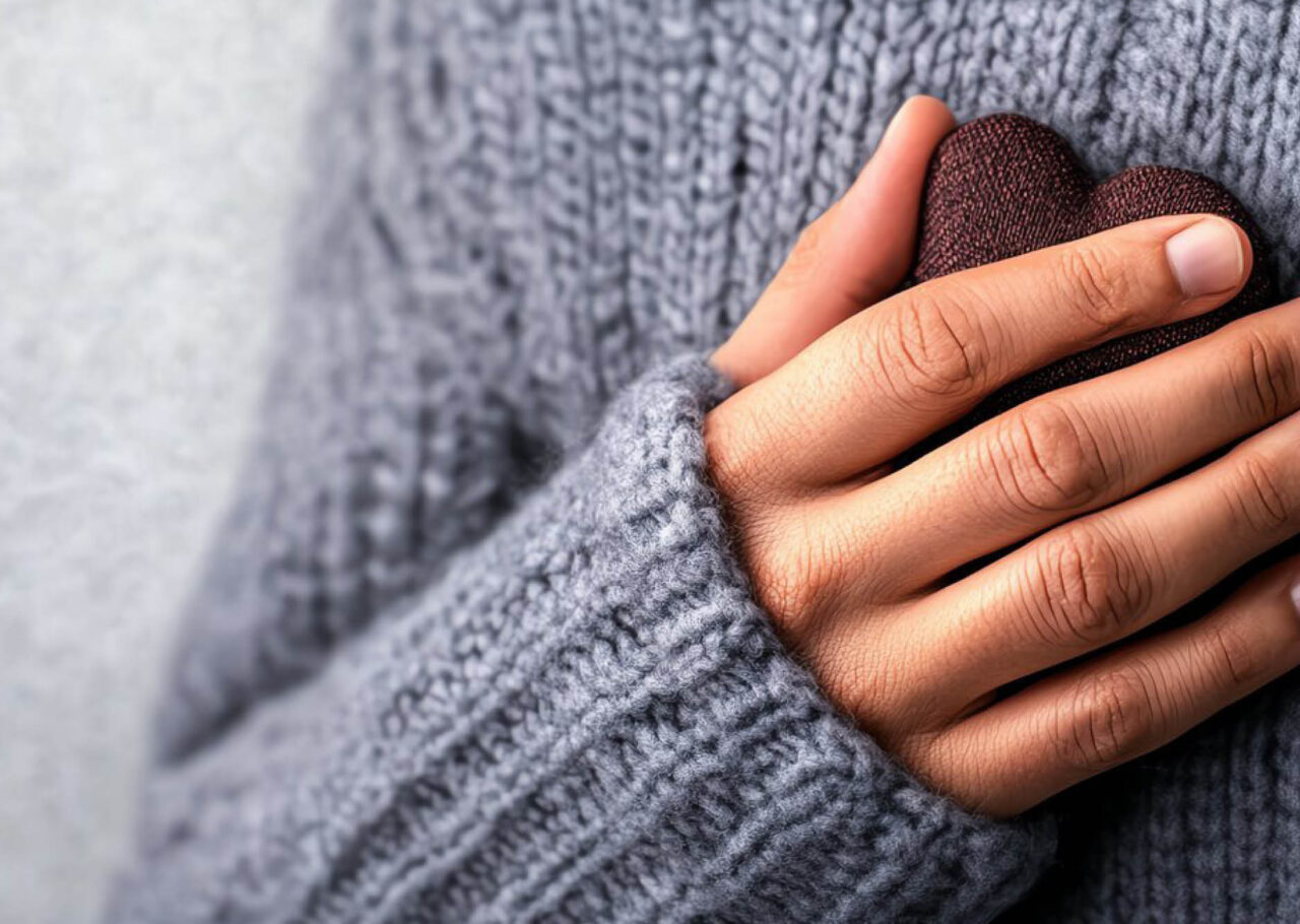 En hånd holder et hjerte mod en strikket sweater, symbol på Berners omsorg og bæredygtige arbejde i sundhedssektoren